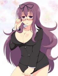 1girls bangs black_shirt bubbles buttons cleavage female front_view glasses huge_breasts ichiryuu_tsumiki looking_at_viewer miniskirt murasaki_(senran_kagura) office_lady open_mouth purple_eyes purple_hair ribbon senran_kagura skirt_pull skirt_tug solo very_long_hair