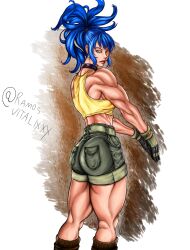 1girls @_@ artist_name ass bare_arms bare_midriff bare_shoulders bare_thighs biceps big_ass big_butt big_hair blue_eyes blue_hair butt fully_clothed gloves green_gloves green_shorts hi_res king_of_fighters leona_heidern light-skinned_female light_skin long_hair muscle muscles muscular muscular_arms muscular_female muscular_legs muscular_thighs ponytail ramosvitalixxx red_lips red_lipstick self_upload shorts shoulders snk snk_vs_capcom solo trapeze trapezius triceps twitter_username white_background yellow_shirt