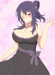 1girls accurate_art_style bangs beauty_mark cleavage dress female front_view glasses heart huge_breasts ichiryuu_tsumiki light-skinned_female light_skin long_hair looking_at_viewer necklace no_bra one_eye_closed pink_eyes ponytail purple_hair ribbon rin_(senran_kagura) senran_kagura simple_background smile solo suzune_(senran_kagura)