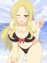 1girls ;d beach bikini blonde_hair blush front_view half-closed_eyes huge_breasts ichiryuu_tsumiki leaning_forward light-skinned_female light_skin looking_at_viewer one_eye_closed outside pointing red_eyes ribbon senran_kagura shiki_(senran_kagura) sky smile very_long_hair water