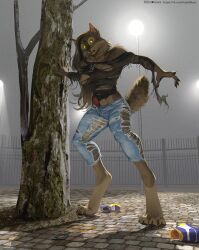 anthro areola canid canine canis claws clothing digital_media_(artwork) erection female fur futanari genitals hair hi-ku hi_res intersex long_hair looking_at_viewer mammal nipples open_mouth penis solo species_transformation text topwear torn_clothing transformation url were werecanid werecanine werewolf