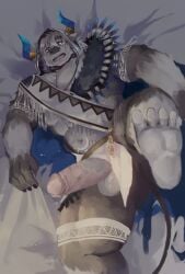 1boy abs anthro balls bigfoot_(tokyo_afterschool_summoners) black_water bottomless bovid bovine cattle clothed clothing erection genitals hi_res horn humanoid_genitalia humanoid_penis lifewonders male male_only mammal muscular muscular_anthro muscular_male native_american_clothing navel pecs penis solo tokyo_afterschool_summoners