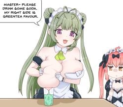 2girls absurd_res ahoge big_breasts breasts cocoa_(nikke) glass goddess_of_victory:_nikke green_hair greenteaneko lactating lactating_in_glass lactation long_hair maid one_breast_out orange_eyes purple_eyes red_hair soda soda_(nikke) squeezing_breast twintails unusual_lactation what