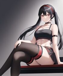 abs ai_generated bare bare_arms black_choker black_hair black_legwear black_skirt black_topwear choker female hand_on_knee hentai_diffusion legs_crossed legwear looking_at_viewer medium_breasts red_belt red_eyes red_hairband skirt spy_x_family stable_diffusion stomach thick_thighs thigh_highs thighhighs thighs twintails upskirt yor_briar