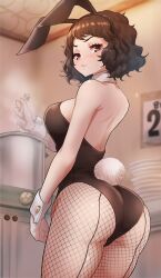 1girls ass black_eyes black_hair black_leotard breasts bunny_ears bunny_tail bunnysuit calendar_(object) cooking cooking_pot cuff_links detached_collar fake_animal_ears fake_tail female female_only fishnet_pantyhose fishnets kitchen kurosususu leotard looking_at_viewer looking_back medium_breasts persona persona_5 plates playboy_bunny sadayo_kawakami short_hair sideboob solo stove strapless strapless_leotard