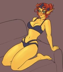 1girls almalexia bethesda_softworks black_bra blush bra chimer elf elf_ears elf_female feet female green_eyes headgear mole morrowind on_sofa orange_hair ratopombo simple_background solo solo_female the_elder_scrolls tiara underwear underwear_only yellow_body yellow_skin