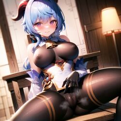 1girls ai_generated big_breasts blue_hair bodysuit breasts commentary_request ganyu_(genshin_impact) genshin_impact horn nipples purple_hair pussy unajyu