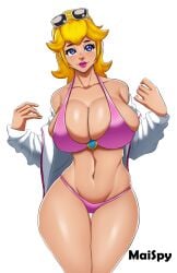 1girls big_breasts big_lips bikini bikini_bottom bikini_top blonde_hair blue_eyes breasts cleavage crown ear_piercing earrings female female_only hair headwear hips huge_breasts lips lipstick maispy mario_(series) nintendo pink_bikini pink_lips pink_lipstick princess_peach solo solo_female sunglasses sunglasses_on_head swimwear thick_lips thighs wide_hips