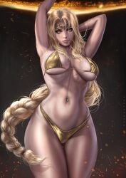 1girls 2023 armpits arms_behind_back arms_up blonde_hair curvaceous curvy curvy_body curvy_figure dandon_fuga elden_ring elder_dragon female_focus female_only fromsoftware golden_bikini hair_braid hi_res high_resolution long_hair navel_piercing queen_marika_the_eternal seductive_look slutty_clothing solo tagme voluptuous voluptuous_female