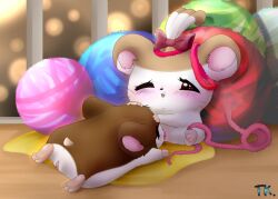 2019 3_toes accessory ball_of_yarn barrette_(hamtaro) blush bow_ribbon brown_body brown_fur cricetid cunnilingus duo feet female female/female feral fur genitals hair_accessory hair_ribbon hairbow hamster hamtaro_(series) lying mammal on_front one_eye_closed oral penelope_(hamtaro) pussy red_bow ribbons rodent sex signature toes tokemoemon vaginal_penetration white_body white_fur yarn young