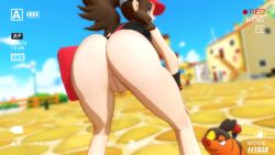 animated ass ass_shake big_ass big_butt bottomless bottomless_female brown_hair hilda_(pokemon) htr18 light-skinned_female looking_at_another looking_back nintendo pokemon pokemon_(species) pokemon_bw pokemon_masters presenting_hindquarters public_nudity pussy shaking_ass tagme tepig twerking video