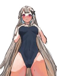 1girls blush blushing gray_hair grey_hair hair_ornament long_hair looking_at_viewer looking_down medium_breasts nijisanji nijisanji_en one-piece_swimsuit purple_eyes reimu_endou solo solo_female solo_focus swimsuit swimwear vinty virtual_youtuber white_background