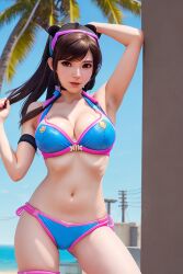 ai_generated asian asian_female beach_background brown_eyes brown_hair d.va hand_behind_head medium_breasts medium_hair overwatch side_tie_bikini stable_diffusion swimsuit swimwear