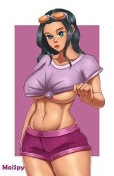 1girls big_breasts black_hair blue_eyes bottomwear breasts clothing female female_only hair lips long_hair maispy nico_robin one_piece pink_shorts post-timeskip purple_shirt shirt shorts solo solo_female sunglasses sunglasses_on_head thick_lips thighs topwear