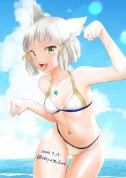 1girls beach bikini breasts cat_ears catgirl clouds core_crystal facial_markings grey_hair looking_at_viewer midriff navel nayuta-kanata nia nia_(xenoblade) nintendo ocean outside paw_pose short_hair sky small_breasts swimsuit water white_bikini white_swimsuit xenoblade_(series) xenoblade_chronicles_2 yellow_eyes