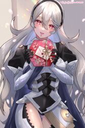 1girls :d armor ass_visible_through_thighs bare_thighs black_gloves black_hairband black_panties box breasts commentary_request corrin_(female)_(fire_emblem) corrin_(fire_emblem) corrin_(fire_emblem)_(female) cowboy_shot female female_only fire_emblem fire_emblem_fates fully_clothed gloves grey_hair hairband head_tilt highres holding holding_box inner_thighs juliet_sleeves long_hair long_sleeves looking_at_viewer medium_breasts nintendo open_mouth panties pantyshot pantyshot_(standing) puffy_sleeves red_eyes revealing_armor revealing_clothes smile snow20200 solo standing thighs underwear upskirt very_long_hair