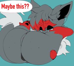 absolise anus ass big_butt black_eyeshadow breasts digital_media_(artwork) eyeshadow fan_character female feral fluffy fluffy_tail freckles fur generation_5_pokemon genitals grey_body hair hi_res makeup nintendo nude pokemon pokemon_(species) pussy red_hair simple_background solo tail text zorua