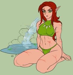 1girls bosmer elf female green_eyes green_underwear midriff necklace on_knees open_mouth ratopombo red_hair scar simple_background solo solo_female the_elder_scrolls toned toned_female wood_elf