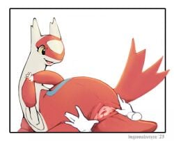 2023 ambiguous_gender animal_genitalia cloaca disembodied_hand duo female female/ambiguous feral generation_3_pokemon genitals hi_res imgonnaloveyou latias legendary_pokemon multicolored_body nintendo open_mouth pokemon pokemon_(species) red_body spread_cloaca spreading tongue white_body