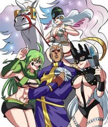 1boy 3girls breasts c-moon_(jjba) enrico_pucci female green_hair gun harem horse humanoid jojo's_bizarre_adventure made_in_heaven rule_63 shounen_jump stand_(jjba) stone_ocean tinafate1 tongue_out white_hair whitesnake