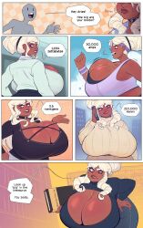 1girls 1other annoyed aries_(thedansome) blonde_hair bouncing_breasts choker cleavage_cutout comic dark-skinned_female dark_skin female_only gigantic_breasts half-closed_eye leaning lips long_hair long_sleeves original plump red_eyes ribbed_sweater ringlets shirt sidelocks solo_focus speech_bubble sports_bra sweater thedansome thick_thighs updo upper_body wristband