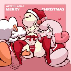 alcremie anthro blush breasts canid canine christmas cream_(diicks) digital_media_(artwork) diicks female female/female food food_creature food_hair fruit generation_1_pokemon generation_8_pokemon generation_9_pokemon goo_creature group growlithe hair hair_over_eyes hisuian_form hisuian_growlithe holidays looking_at_viewer mammal nintendo open_mouth plant pokemon pokemon_(species) pokemon_legends:_arceus red_eyes regional_form_(pokemon) scream_tail simple_background smile text thick_thighs tongue tongue_out trio wide_hips