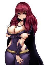 1girls belt black_cape breasts cape cleavage commentary covered_navel cowboy_shot facial_mark female female female_only fire_emblem fire_emblem_engage highres hip_vent jewelry large_breasts long_hair looking_at_viewer nintendo purple_eyes red_hair ring short_sleeves simple_background sizebrush smile solo standing star_(symbol) thighs white_background yunaka_(fire_emblem)