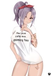 1girls areola_bulge areolae big_breasts bottomless breasts curvy english_text hair_in_mouth hourglass_figure light-skinned_female light_skin ponytail purple_hair red_eyes smug solo standing tattoo tattooed_arm tattoos text thick_thighs white_background white_shirt