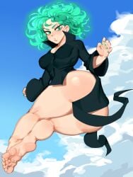 1girls ass barefoot big_ass big_butt black_dress bottomless breasts clothing feet female female_only floating green_eyes green_hair green_nails looking_back nezulet one-punch_man open_mouth shiny_skin short_hair solo solo_female tatsumaki thick_calves thick_legs thighs_together