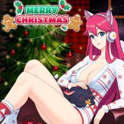 2022 blue_eyes blush cat_ear_headphones christmas christmas_sweater christmas_tree cleavage english_text feline gingerbread_cookie katsu_(nutaku) long_hair long_pink_hair looking_at_viewer merry_christmas mistletoe nutaku nutaku-tan petting pink_hair sitting_on_lap socks text