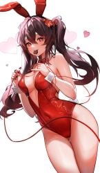 1girls alternate_breast_size bare_thighs breasts brown_hair bunnysuit genshin_impact hu_tao_(genshin_impact) leotard playboy_bunny red_eyes small_breasts string_panties twintails ushiko_xiansheng valentine's_day