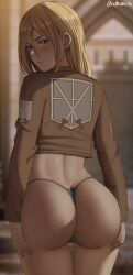 1girls ass ass_cleavage attack_on_titan back blonde_hair blue_eyes bubble_butt butt_crack cropped_jacket dat_ass female high_resolution historia_reiss jacket light-skinned_female light_skin long_hair long_sleeves oroborusart savagexthicc shingeki_no_kyojin solo thick_thighs thigh_gap thong