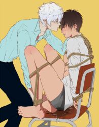 2boys barefoot black_hair bondage chair class_3-z crying crying_with_eyes_open embarrassed gintama gintoki_sakata glasses hijikata_toshiro humiliation male male_only nonomura official_alternate_costume omorashi open_shirt peeing peeing_self restrained rope rope_bondage sitting teacher teacher_and_student tears tied_to_chair urination urine urine_pool white_hair yaoi yellow_background