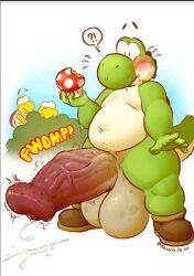 anthro banana_da_boi big_penis dinosaur eating erection fat genitals green_yoshi group huge_cock hyper hyper_genitalia hyper_penis koopa koopa_troopa male male_focus male_only mario_(series) mushroom nintendo penis red_koopa_troopa reptile scalie super_mario_bros. trio voyeur yoshi