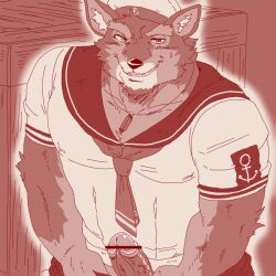 1:1 anthro blush canid canine canis censored domestic_dog erection genitals grin humanoid_genitalia humanoid_penis lifewonders live_a_hero looking_at_viewer male male_only mammal muscular muscular_anthro muscular_male penis pubraseer run_aki sailor_hat sailor_uniform smile solo