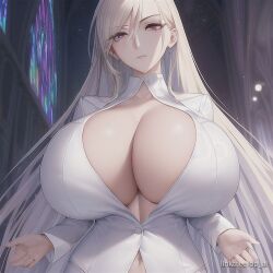 1girls ai_generated breasts breasts_bigger_than_head cleavage clothed eyebrows_visible_through_hair female female_only frown huge_breasts light-skinned_female light_skin long_hair op_ai pink_eyes solo text watermark white_hair