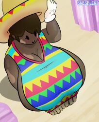 1girls blush breast breasts_bigger_than_body brown_hair bust_portrait busty cleavage dark-skinned_female dot_eyes eyelashes female female_focus female_only gloves hyper hyper_breasts large_breasts mario_(series) poncho poncho_only snesflint sombrero super_mario_odyssey top_view trés_(snesflint) vitiligo