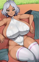 areola_slip areolae armpits blue_eyes breasts cameltoe dark-skinned_female dark_skin gundam gundam_suisei_no_majo huge_breasts leotard nipple_bulge otogi_tetsurou plump secelia_dote short_hair sideboob silver_hair sitting solo thick_thighs thighhighs wide_hips