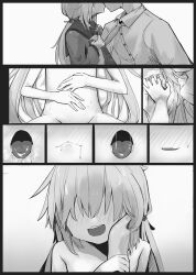 1boy admiral_(kantai_collection) female hair_over_eyes highres kantai_collection kissing logiclr long_hair monochrome navel necktie necktie_grab neckwear_grab nude open_mouth saliva_drip satsuki_(kantai_collection) simple_background straight tongue tongue_out twintails