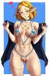 1girls blonde_hair blush body_jewelry breasts female green_eyes hylian large_breasts light-skinned_female light_skin long_ears naughty_face navel nintendo pointy_ears princess princess_zelda revealing_clothes short_hair slim_waist smile suggestive_look tears_of_the_kingdom the_legend_of_zelda thick_thighs ultrabinou zelda_(tears_of_the_kingdom)