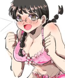 big_breasts black_hair blush body_blush bra braided_hair brown_eyes cleavage colored_sketch female female_only genderswap_(mtf) gintama glasses long_hair looking_at_viewer open_mouth panties patituti_13 pink_bra pink_panties rule_63 shimura_shinpachi smile solo sweat twin_braids underwear