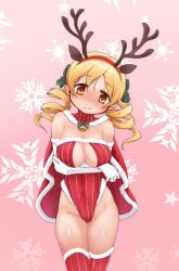 absurdres alternate_costume animal_ears antlers bangs bell blonde_hair blush breasts cape christmas cleavage closed_mouth commentary covered_navel cowboy_shot crossed_arms deer_ears drill_hair elbow_gloves fake_animal_ears fake_antlers female fur-trimmed_cape fur-trimmed_gloves fur-trimmed_legwear fur-trimmed_leotard fur_trim gloves green_ribbons hair_ribbon head_tilt highleg highleg_leotard highres large_breasts leotard looking_at_viewer mahou_shoujo_madoka_magica medium_hair pink_background red_cape red_leotard red_thighhighs reindeer_antlers ribbon santa_costume smile snowflake_background solo standing strapless strapless_leotard striped striped_legwear striped_leotard striped_thighhighs thigh_gap thighhighs thighs tomoe_mami twin_drills vertical-striped_leotard vertical-striped_thighhighs vertical_stripes white_gloves yanmaami yellow_eyes young
