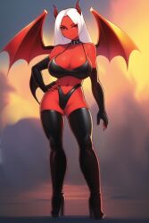 1girls ai_generated arm_gloves big_breasts black_clothing bra breasts bust-waist_contrast choker demon demon_girl demon_wings high_heeled_boots high_heels horns huge_breasts large_breasts latex midriff nai_diffusion panties red_body red_eyes sagging_breasts shiny_clothes smirk stable_diffusion standing tight_clothing underwear white_hair wings