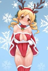 alternate_costume animal_ears antlers bangs bell blonde_hair blue_background blush breasts cape christmas cleavage closed_mouth commentary covered_navel cowboy_shot crossed_arms deer_ears drill_hair elbow_gloves fake_animal_ears fake_antlers female fur-trimmed_cape fur-trimmed_gloves fur-trimmed_legwear fur-trimmed_leotard fur_trim gloves green_ribbons hair_ribbon head_tilt highleg highleg_leotard highres large_breasts leotard looking_at_viewer mahou_shoujo_madoka_magica red_cape red_leotard red_thighhighs reindeer_antlers ribbon santa_costume smile snowflake_background solo standing strapless strapless_leotard striped striped_legwear striped_leotard striped_thighhighs thigh_gap thighhighs thighs tomoe_mami twin_drills vertical-striped_leotard vertical-striped_thighhighs vertical_stripes white_gloves yanmaami yellow_eyes young