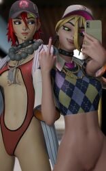 2girls akkonsfw athletic blonde_hair bottomless breasts clothing dusty_(fortnite) female fortnite hat helsie_(fortnite) jacket middle_finger partially_clothed phone pussy red_hair self_upload selfie small_breasts smug swimsuit tattoo toned