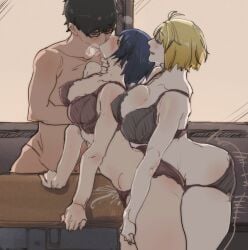 1boy 1futa 1girls amanda_kenny ambiguous_penetration arcueid_brunestud big_breasts bisexual_(female) blonde_hair blue_hair bra breast_press breasts breath ciel ciel_(tsukihime) classroom clothed clothing desk female fit_female from_behind futa_on_female futanari glasses human human_only implied_futanari kissing kissing_while_penetrated light-skinned_female light-skinned_futanari light-skinned_male light_skin male mostly_nude panties sex short_hair slim_waist standing thick_thighs threesome tohno_shiki tsukihime voluptuous voluptuous_female voluptuous_futanari wide_hips