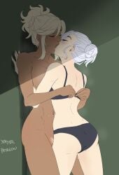 2girls ass dark_skinned_female fair-skinned_female female kissing lesbian_kiss naked panties robyn_hill rwby underwear undressing undressing_partner winter_schnee y8ay8a yaya_(y8ay8a) yuri