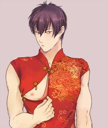 alternate_costume bishonen chinese_clothes dark_hair dark_purple_hair gintama hijikata_toshiro looking_at_viewer male male_only nonomura one_breast_out pecs sleeveless solo teasing unbuttoned undressing upper_body