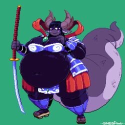 animated armor belly bra_armor breast dragon_tail female female_focus female_only hips horns hyper_breasts large_breasts open_mouth overweight overweight_female pixel_animation pixel_art purple_eyes purple_hair purple_skin snesflint stomach strongfat sword thick_thighs thighs tongue wide_hips zankuro_(kingceeeee)