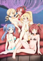 akino_kaede bikini bikini_bottom bikini_top blonde_hair blue_eyes blue_hair commentary_request couch drill_hair female female_only highres human human_only long_hair magia_record:_mahou_shoujo_madoka_magica_gaiden magical_girl mahou_shoujo_madoka_magica minami_rena multiple_girls puella_magi_madoka_magica red_eyes red_hair sakura_kyouko short_hair swimsuit textless togame_momoko tomoe_mami twin_drills white_skin yellow_eyes yumenomori